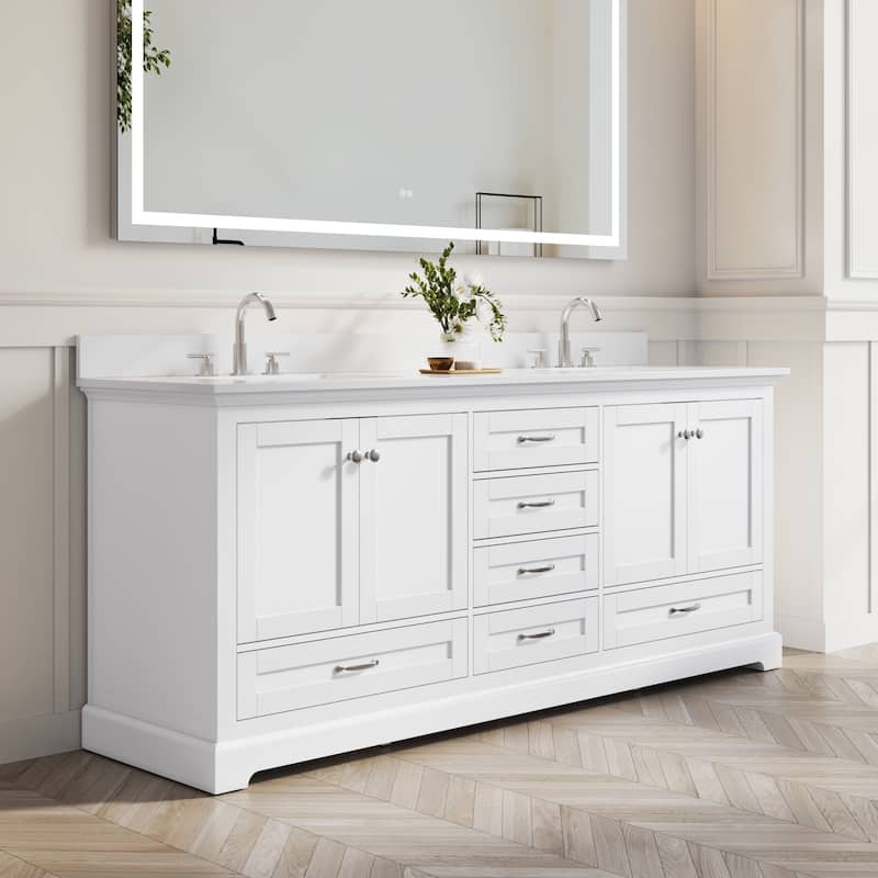 80''W Solid Wood Frame Bathroom Vanity With Pure White Culutered Marble Countertop And Double Sink