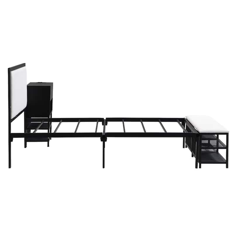 Platform Bed with 2-Tier Storage Shelves & Wooden Storage Cabinet, Metal Bed Frame w/Upholstered Headboard & USB Ports