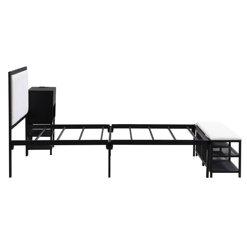 Twin size Metal Platform Bed with Wooden Cabinet, Two-Tier Shelves And Cushioned Footrest