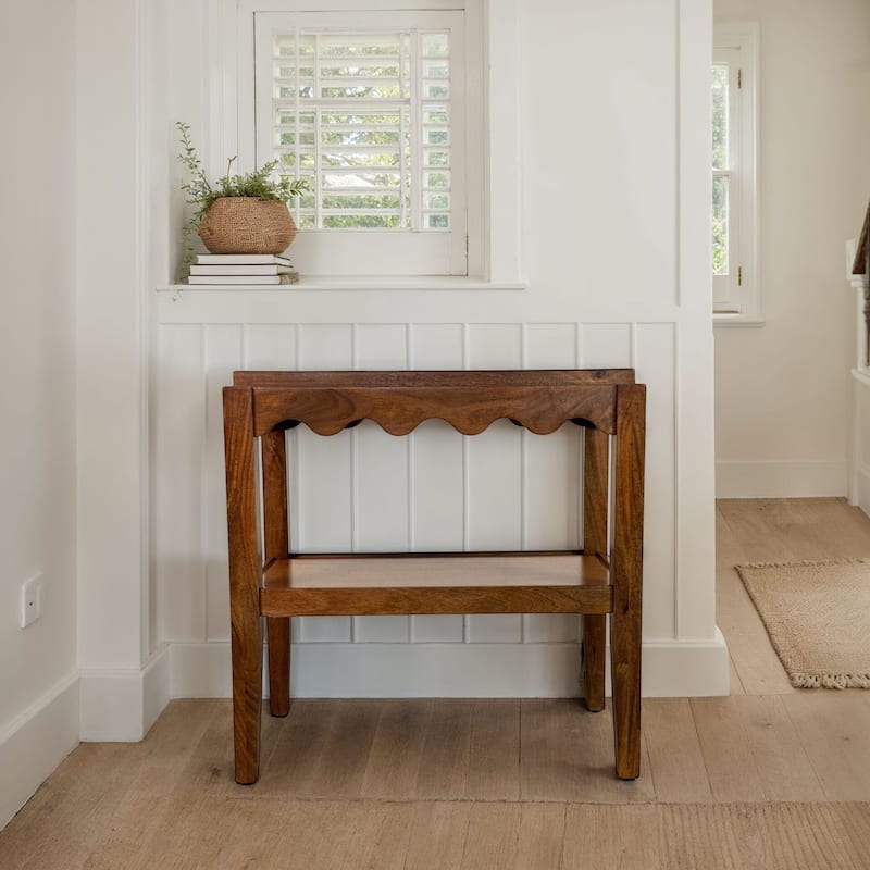 Carolina Chair & Table Rectangular Side Table, Mango Wood, Decorative Scallop Edge, 17L x 28W x 28H inches - Chestnut