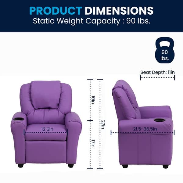 dimension image slide 3 of 10, Contemporary Kids Recliner with Cup Holder and Headrest - 24"W x 21.5" - 36.5"D x 27"H