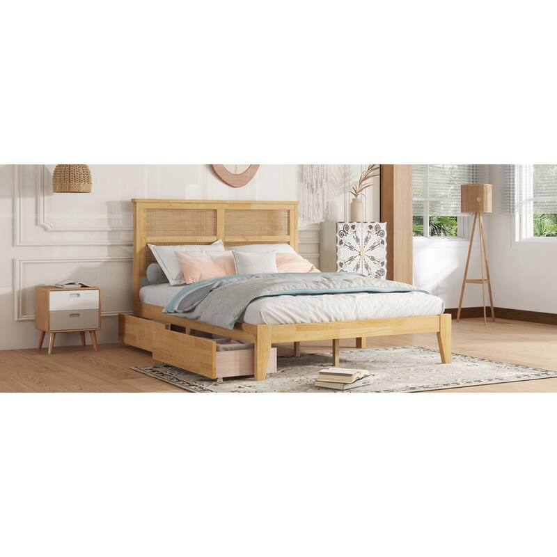 Roomfitters Full Rubber Wood Bed with Rattan Headboard, Underbed Storage Design, Reinforced Slats and Support Feet