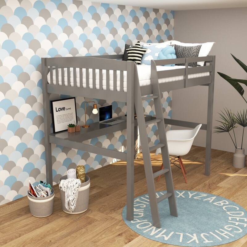 Everest Grey High Loft Bed with Desk and Storage, with Stairs