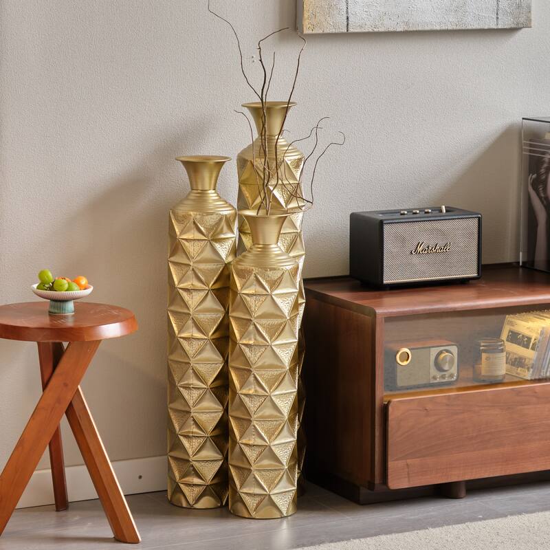 Metal decorative vase High Distress Metal center vase with 3D triangle pattern, set of 3 vases for home decoration