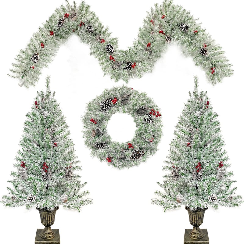 Christmas 4-Piece Set,Garland, Wreath,2 Entrance Trees, LED Lights - Retro White - 4 Pieces Christmas Decoration