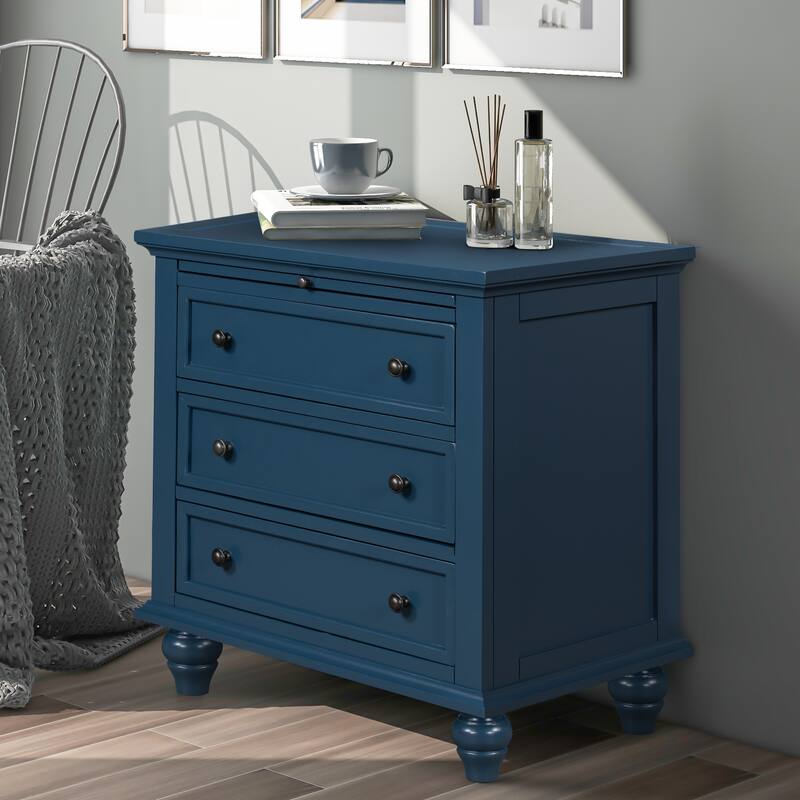 Solid Pine Wood End Table with Pull-out Tray and 3 Drawer, Easy Assembly