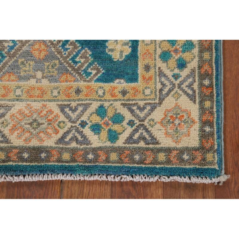 Hand Knotted Oriental 100% Wool Carpet Traditional Geometric Navy Blue & Blues Kazak Area Rug - 3' 0'' X 1' 11''