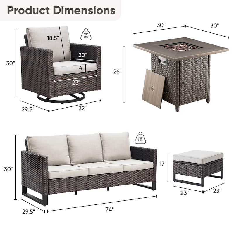 6 Pieces Fire Pit Table with Sofa Swivel Chair Ottoman Set