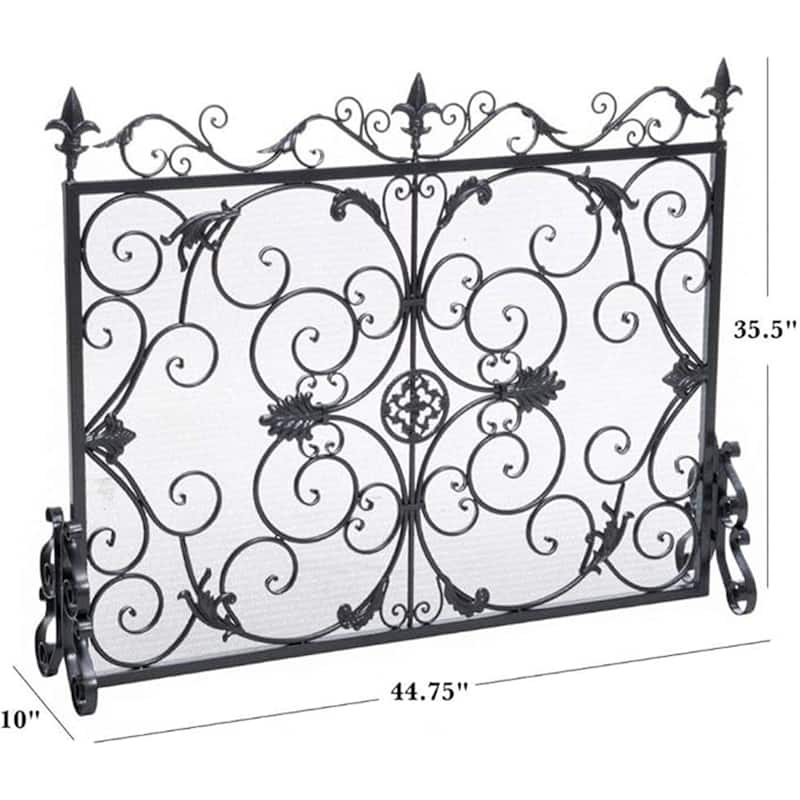 Roomfitters Iron Fireplace Screen, Ornate Scrollwork Spark Guard, Decorative Mesh Fireguard for Hearth Safety, Black