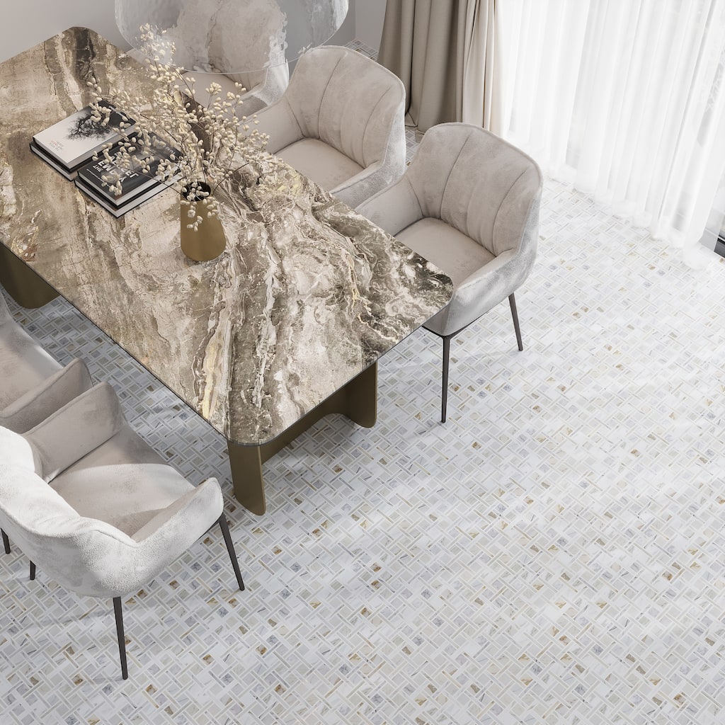 Serena 12x12 White Gray Calacatta Gold, Thassos Mosaic Basketweave Wall and Floor Tile (5 sq ft/case) - 5 Pack
