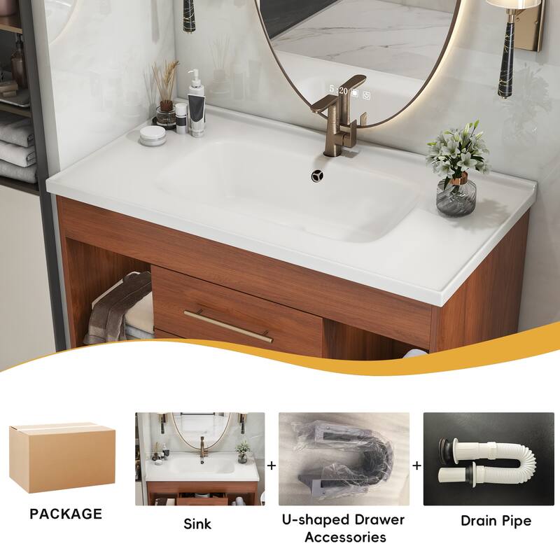 GDFStudio - Luxury 35.4" Floating Sintered Stone Bathroom Vanity with Ceramic Sink & Soft-Close Drawers