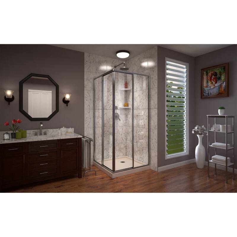 DreamLine Cornerview 36 in. D x 36 in W x 74 3/4 in H Framed Sliding Shower Enclosure in Brushed Nickel with Biscuit Shower Base