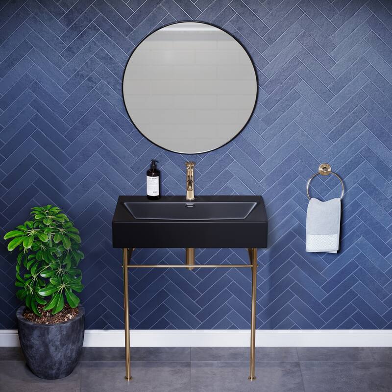Reims 30 Ceramic Console Sink Matte Black Basin Gold Legs - 29.5" x 16.55" 35.45"