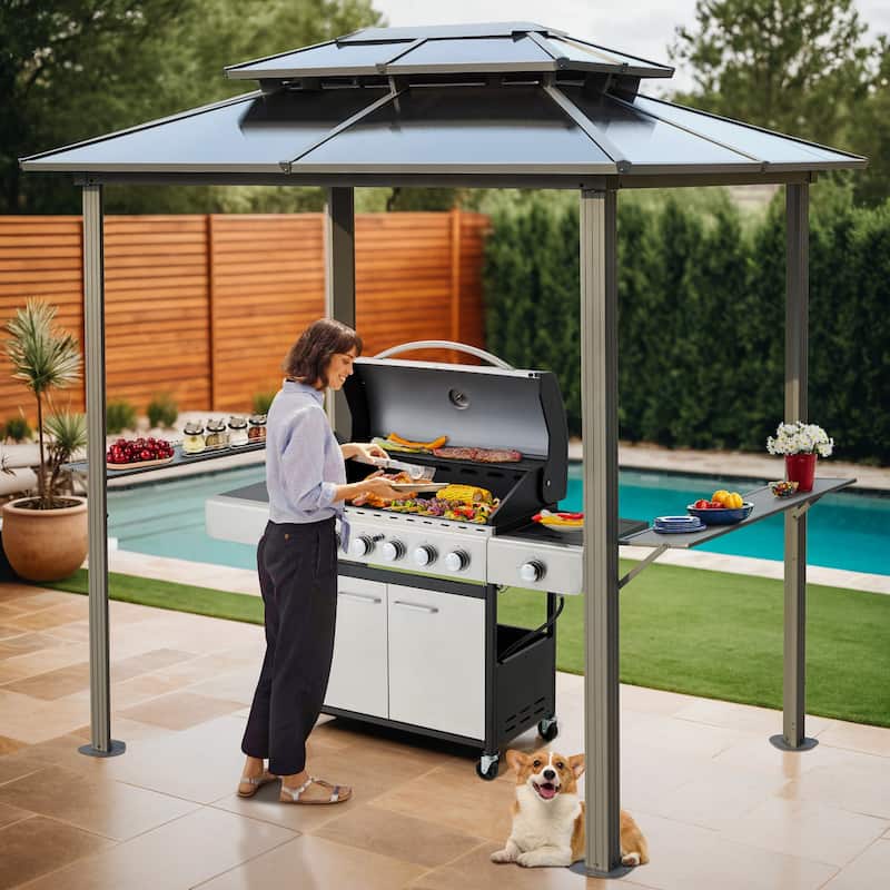 Grill Gazebo with Bar & Shelves, Double Roof BBQ Canopy for Patio, Wind & Weather-Resistant Outdoor Grill Shelter Tent