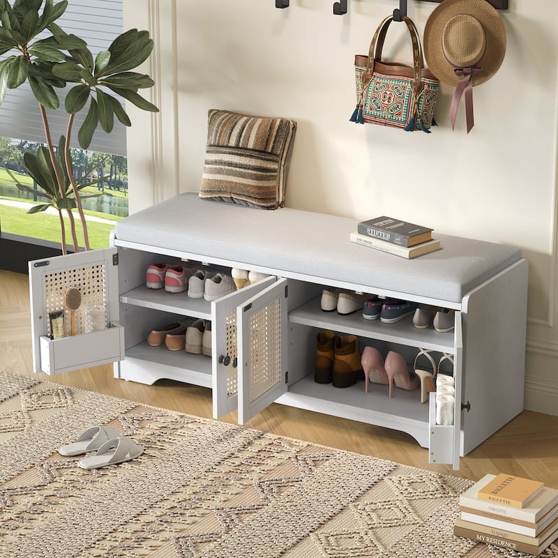 Rustic Storage Bench Multifunctional Wood Entryway Shoe Bench with Removable Cushion, Woven Rattan Doors & Adjustable Shelves - Beige