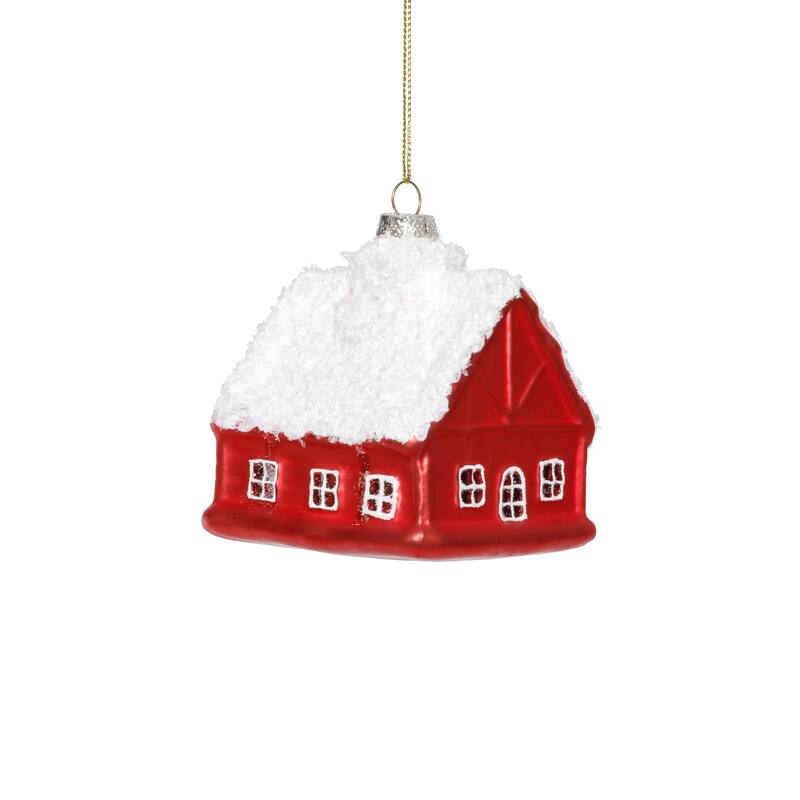 Glass Red House with White Roof Christmas Hanging Ornaments, Set of 12