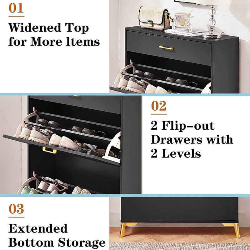 Freestanding Shoe Cabinet for Entryway, with 2 Flip Doors and Drawer - 32'W x 10''D x 43''H