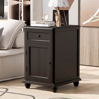 End Table with Solid Wood Legs, Side Table with USB Ports, 1 Storage Cabinet and 1 Drawer for Living Room