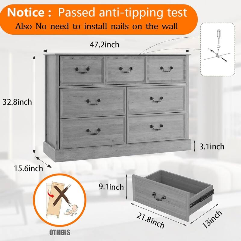 Farmhouse 7 Dresser Chests for Bedroom,48" Wood Dresser Chest of Drawers Organizer Storage