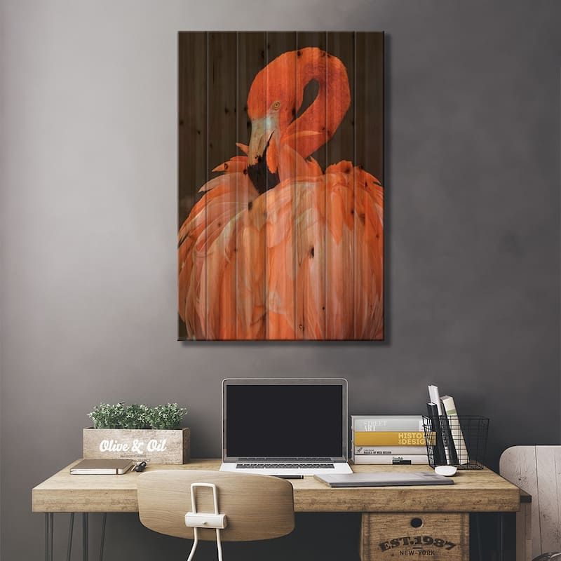 American Flamingo Preening Feathers Print On Wood by Adam Jones - Multi-Color