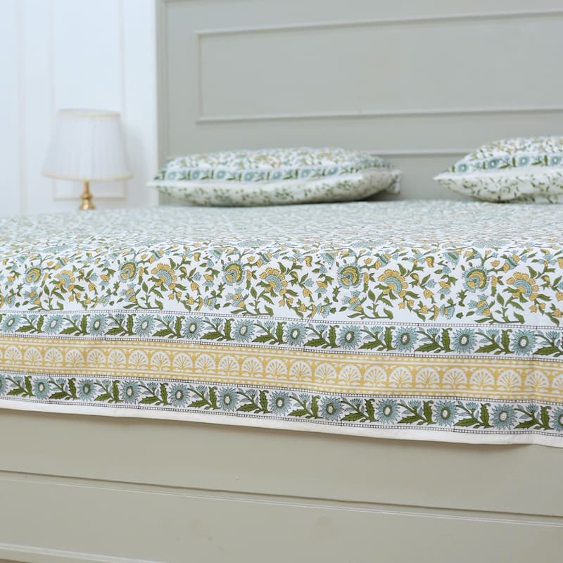 Fabdivine Cotton Hand Block Floral Flat Sheet Bed Room Home Décor Accent Gift