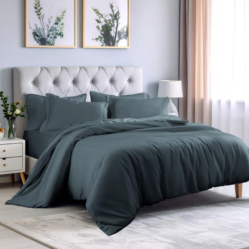 Superior 300 Thread Count Rayon From Bamboo Solid Duvet Cover Set - Full - Queen - Charcoal