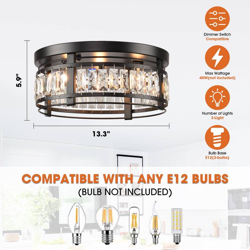 13.3" Modern Black 3-Light Crystal Hallway Flush Mount Chandelier