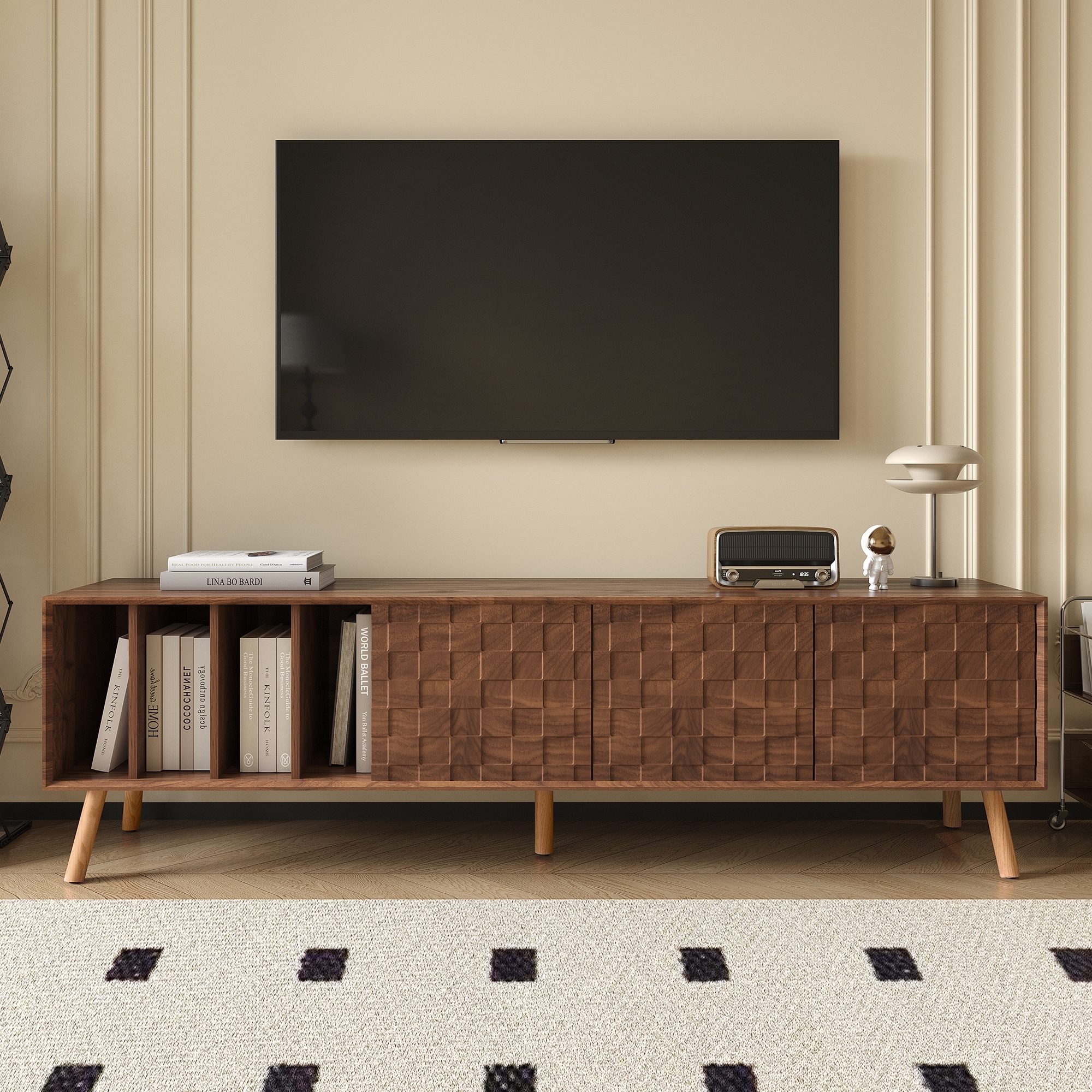 Media Console Table with 5 Solid Wood Legs for TVs up to 80", Mid-Century Modern TV Stand with Cabinets and Open Shelves