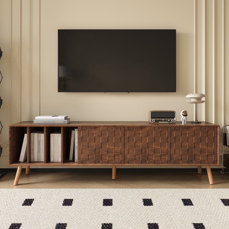 TV Stand with Sliding Doors and Shelves, Entertainment Center with Storage, Media Console Table with 5 Solid Wood Legs
