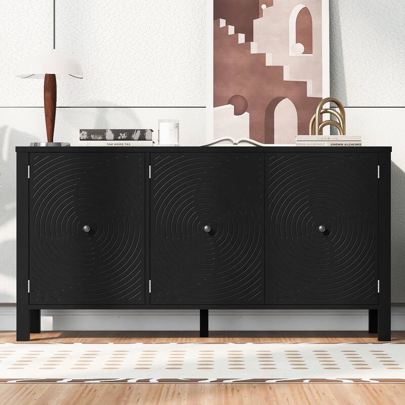 Modern American Design 3-Door Sideboard with Artistic Curved Swirl Doors, Adjustable Shelves, Perfect for Home Storage - Black