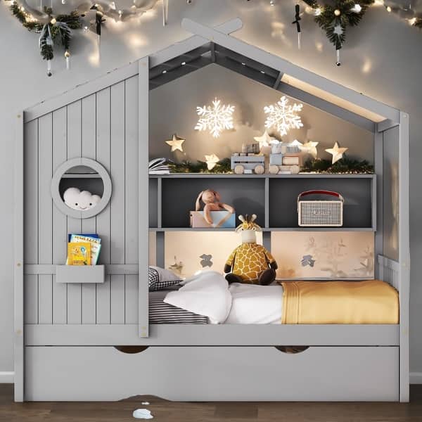 slide 2 of 18, Full Size House Bed with Trundle and Storage Shelf Grey