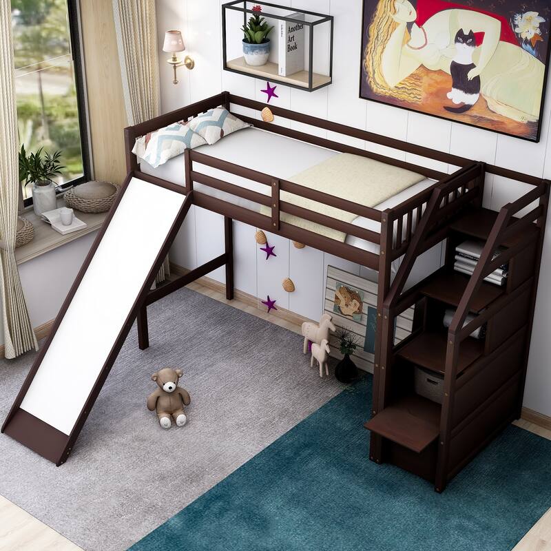 Twin Size Wood Loft Bed with Storage & Slide, High Guardrail Design, Ladder with Handrails Bed