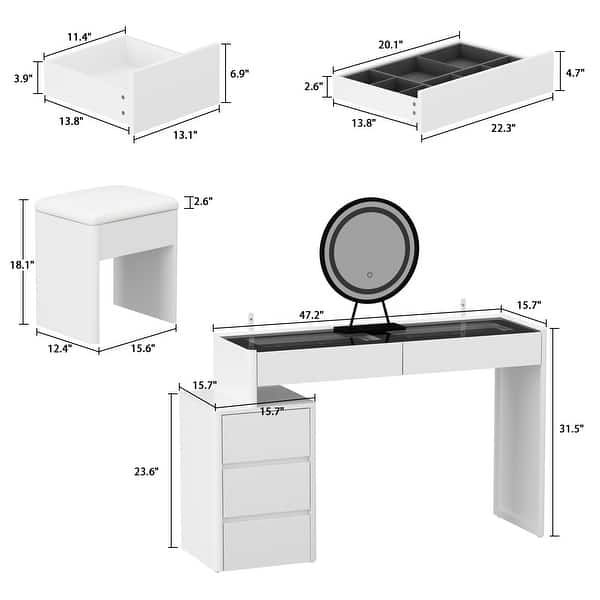 Elegant Makeup Vanity w/See-Through Glass Top and LED Mirror Dressing ...