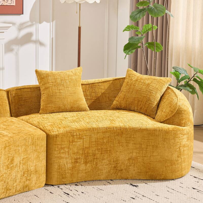 Curved Sectional Sofa with Pillows, Chenille Upholstered 4 Seater Sofa, Full-Compressed Deep Seat Sofa for Living Room
