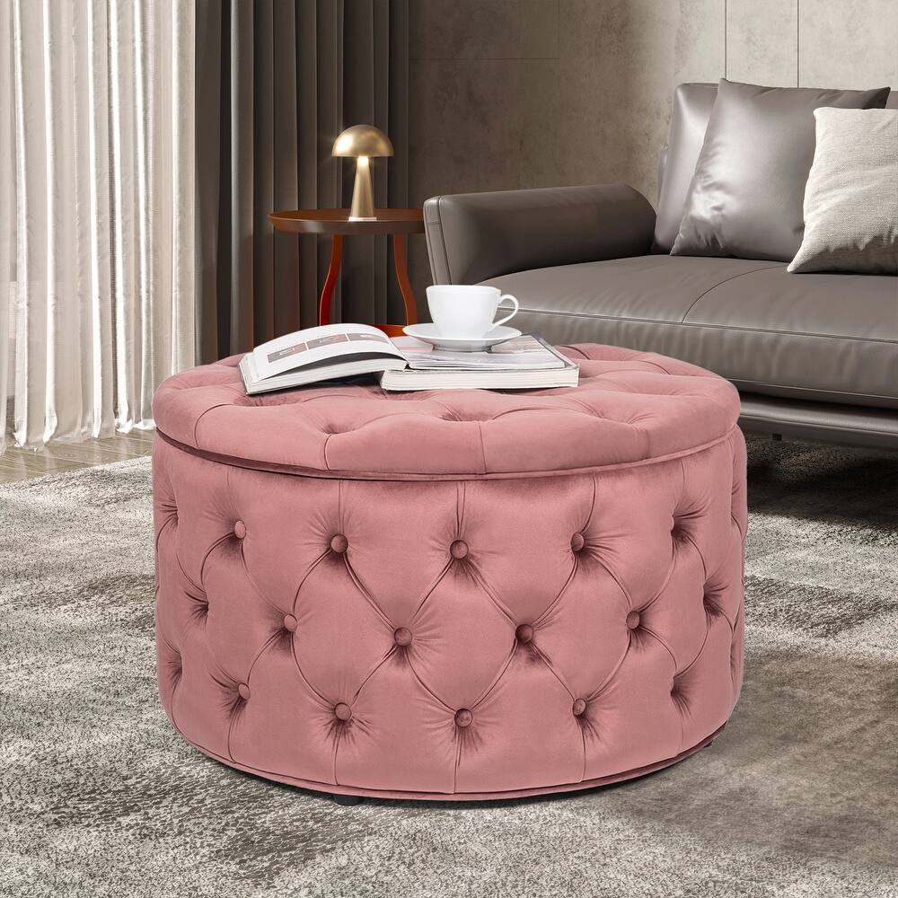 Adeco Round Storage Ottoman Button Tufted Footrest Stool Bench