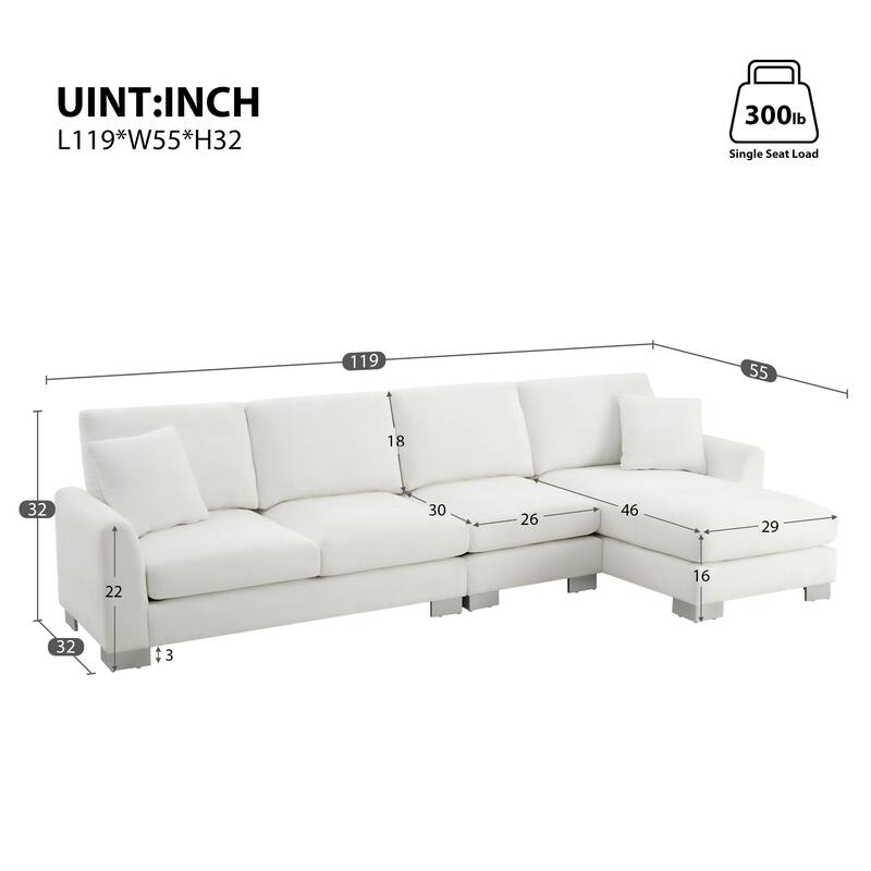 White 119'' Spacious L-Shaped 5 Seater Sectional Sofa with Chaise Lounge and 2 Decorative Pillows, for Living Room, Apartment