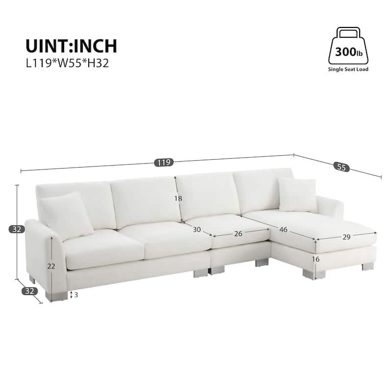 White 119'' Spacious L-Shaped 5-Seater Sectional with Chaise Lounge and Decorative Pillows