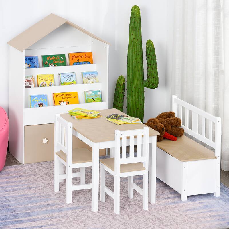 Qaba 4-Piece Childrens Table Set with Kids Storage Bench - Natural