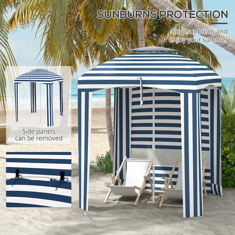 Outsunny 5.8' x 5.8' Portable Beach Umbrella with Double-top, Ruffled Outdoor Cabana with Vented Windows, Sandbags
