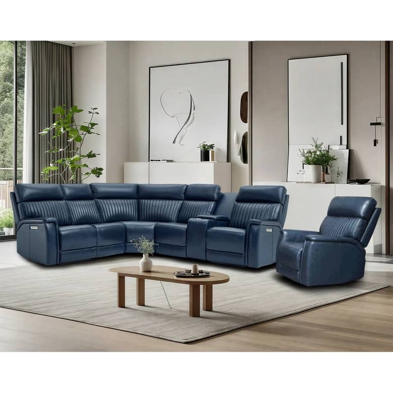 105" W Genuine Leather Power Sectional with Recliner Sofa Set with Triple Power, Single Console, USB&USB-C Ports - Blue