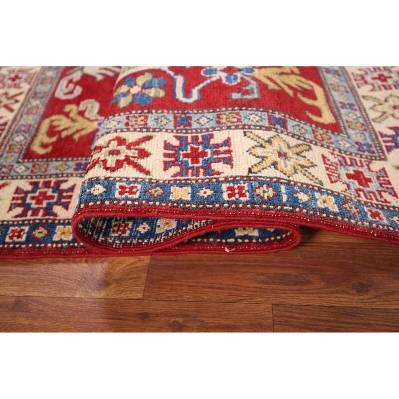 Red Geometric Kazak Oriental Foyer Rug Handmade Wool Carpet - 3'3" x 5'1"