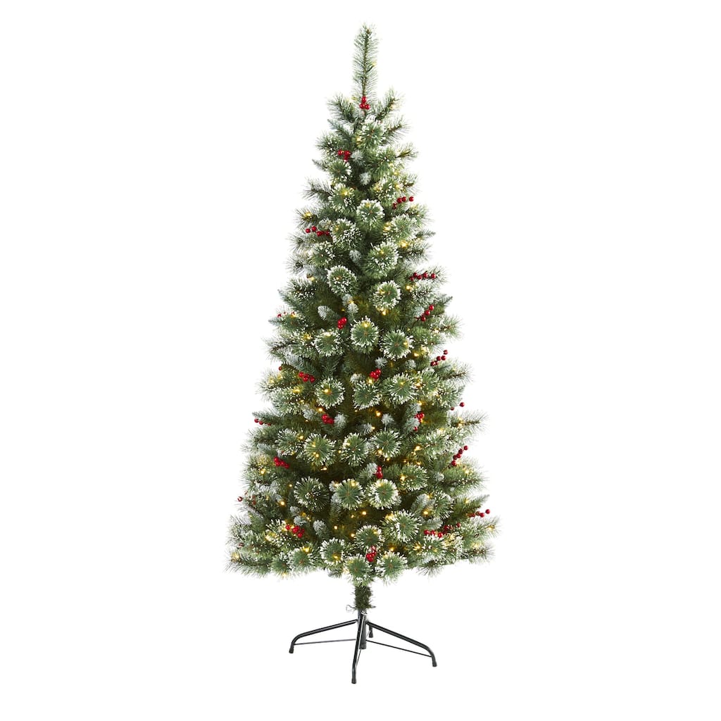 6ft Prelit Christmas Tree with Berries - Artificial Swiss Pine Tree, Holiday Decor, Tree Stand Included - Green - 72