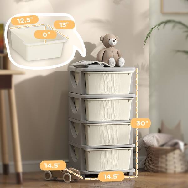 dimension image slide 0 of 2, 4 Tier Kids Storage Unit, 4 Drawer Chest Toy Organizer Plastic Bins for Bedroom Nursery Living Room for Boys Girls Toddlers