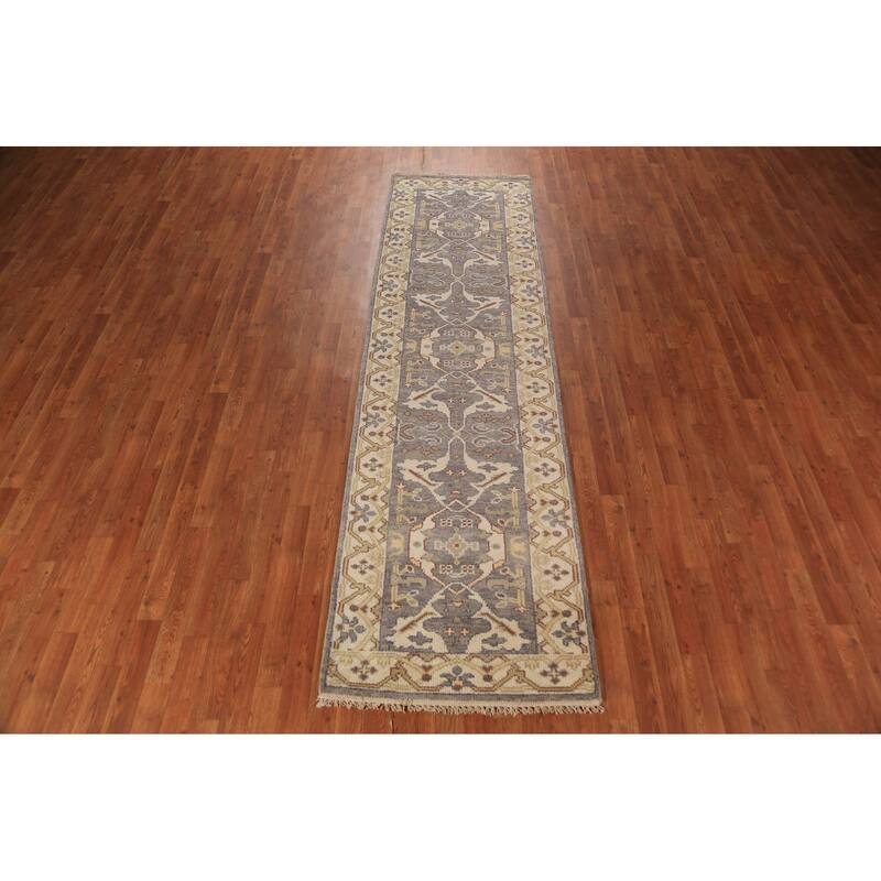 Gray & Ivory Oushak Indian Runner Rug Hand-Knotted Wool Carpet - 2'9"x 9'11"