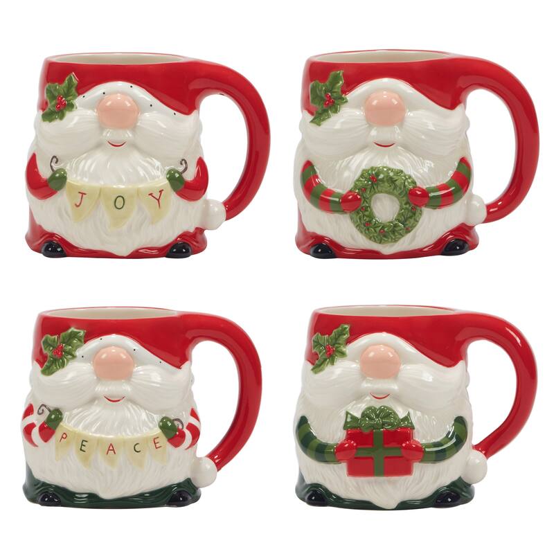Certified International Christmas Gnomes 16 oz.3-D Mugs, Set of 4 Assorted Designs