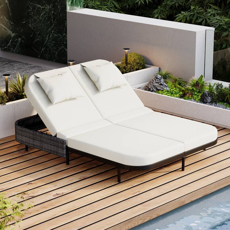 Outdoor Rattan Daybed with 5-Position Adjustable Backrest, Patio Double Chaise Lounge with Removable Cushions - Black