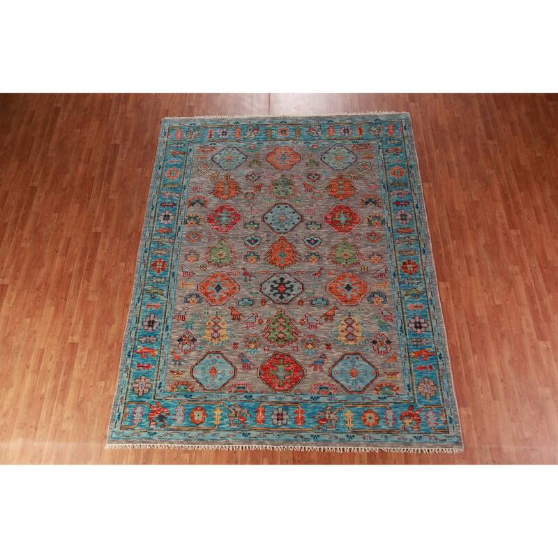 Geometric Oushak Oriental Area Rug Hand-Knotted Wool Carpet - 8'0" x 10'1"