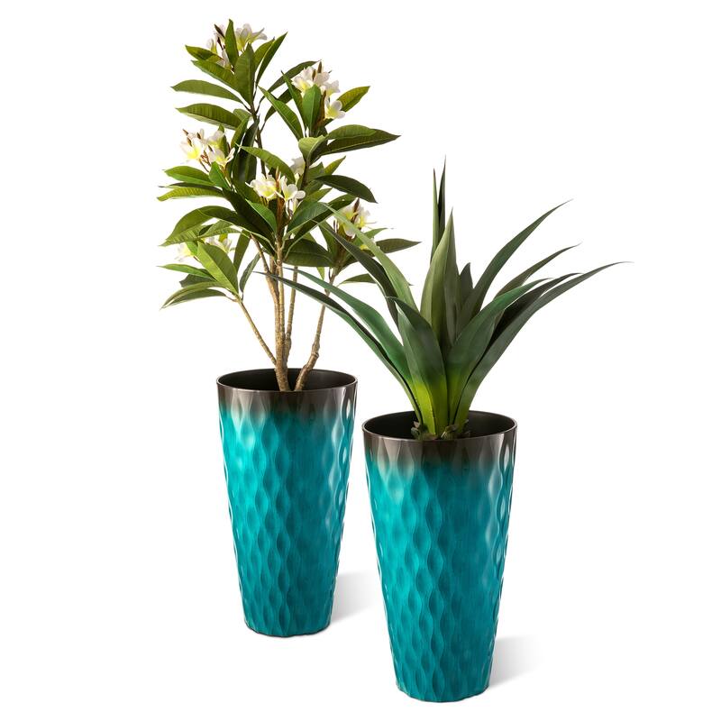 Glitzhome 23.75"H Set of 2 Oversized Wavy Texture Cobalt Blue/Turquoise/Red Tall Plastic Planter