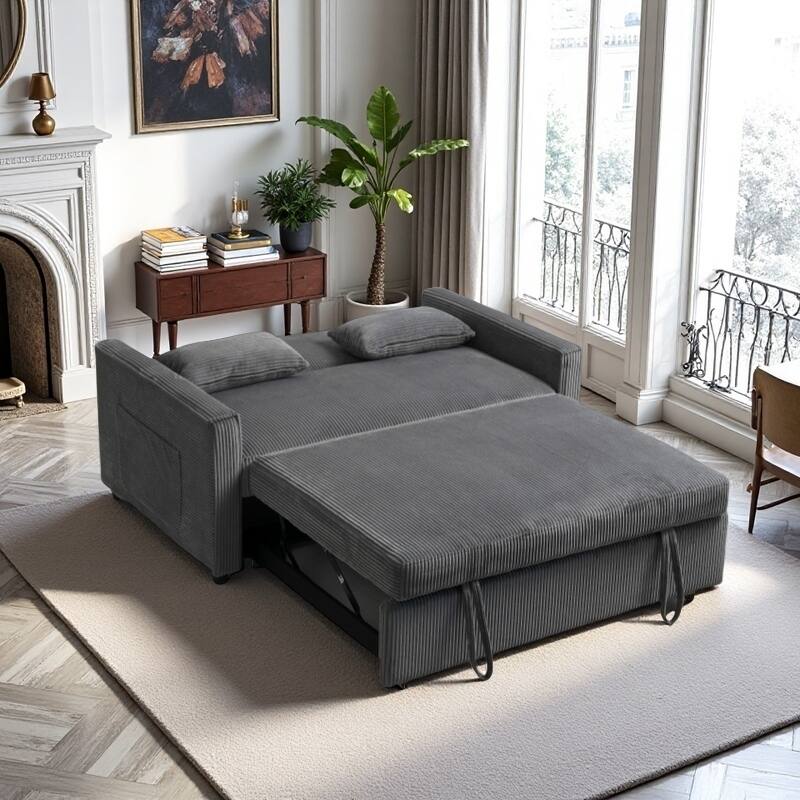 Convertible Sofa Bed 3-in-1 Sleeper Sofa Pull-Out Bed with Adjustable Backrest and Pillows, Corduroy Loveseat for Living Room
