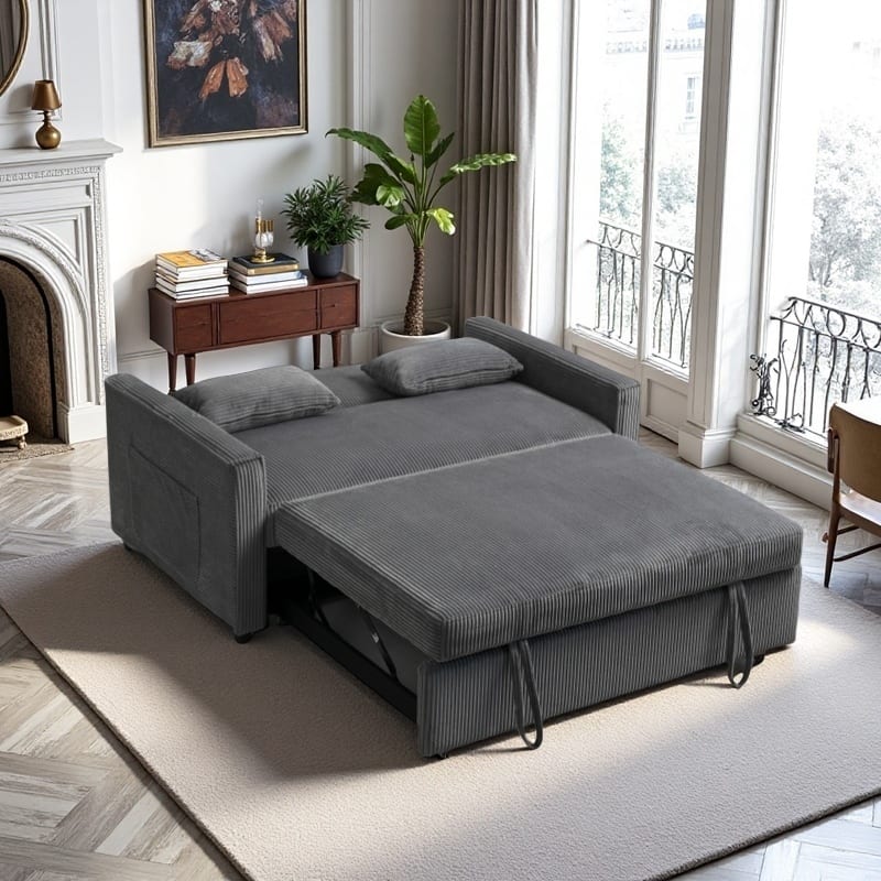 Velvet Sleeper Sofa with Adjustable Backrest, Pull-Out Loveseat Sofa Bed Couch with Storage & Lumbar Pillows